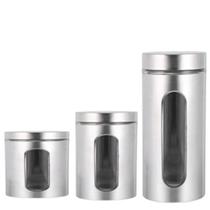 Jogo de pote de vidro de inox com visor com 3 peças grande médio pequeno para mantimentos