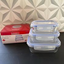 Jogo de pote de vidro hermético com 3 peças retangular p m g com trava para alimentos de geladeira kit conjunto potes Jogo de pote de vidro hermético com 3 peças retangular p m g com trava para alimentos de geladeira kit conjunto potes
