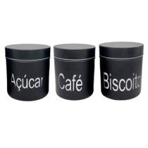 Jogo de pote de vidro preto para mantimentos (açúcar, biscoito e café) para cozinha - cosy utilidades