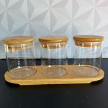 Jogo de pote de vidro redondo com tampa hermética de bambu com base para condimentos