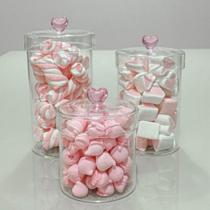 Jogo de pote de vidro transparente com tampa de coração rosa 3 peças para mantimento P M G