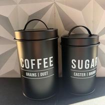Jogo de pote para açúcar café preto de lata com 2 peças com alça e tampa hermética kit conjunto potes açucareiro alça
