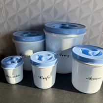 Jogo de pote para mantimentos de plástico com 5 peças azul e branco açúcar farinha feijão arroz café Jogo de pote para mantimentos de plástico com 5 peças azul e branco açúcar farinha feijão arroz café