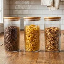 Jogo de Potes de Vidro Alto 650ml 3pçs Borossilicato Tuut Tampa Bambu Hermético