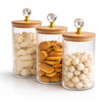 Jogo de Potes de Vidro Canelado Hermético com Tampa de Bambu 2 ou 3 Peças Porta Mantimentos