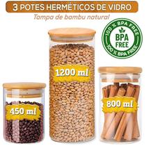 Jogo De Potes De Vidro Frasco Hermético Tampa De Bambu Natural Condimentos Alimentos
