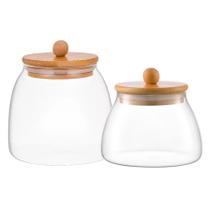 Jogo de Potes de Vidro Hermético Bolinha Transparente com Tampa de Bambu e Vedação em Silicone