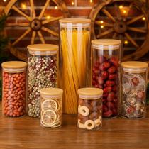 Jogo de Potes de Vidro Hermético com Tampa de bambu Redondo Ekko Peças 7 Jogo de Potes de Vidro Hermético com Tampa de bambu Redondo Ekko Peças 7