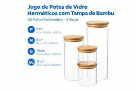 Jogo de Potes de Vidro Herméticos com Tampa de Bambu Kit 4 Peças Porta Mantimentos para Organização da Cozinha