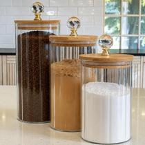 Jogo de Potes Herméticos com Tampa de Bambu Porta Condimentos Organizador de cozinha Multiuso Porta Temperos Porta Mantimentos