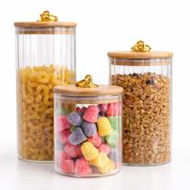 Jogo de Potes Herméticos de Vidro com Tampa de Bambu 3 Peças Porta Mantimentos Cozinha