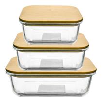 Jogo de Potes Herméticos em Vidro Retangular Tampa em Bambu 3 peças - Vista Home Jogo de Potes Herméticos em Vidro Retangular Tampa em Bambu 3 peças - Vista Home