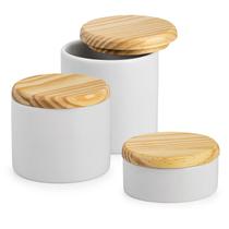 Jogo de potes porcelana tampa de madeira organizadores louça - Loja Bora, Decora!