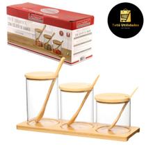 Jogo de Potes Porta Condimentos Vidro com Colher e Suporte em Bambu 3 Peças Hauskraft