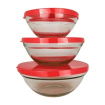 Jogo de Potes Tigelas 3 Peças de Vidro Tampa Plástico Bowls