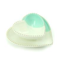 Jogo de Prato e Bowl de Cerâmica Coração Branco e Verde - PraCaza