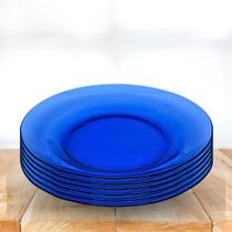 Jogo de pratos fundo vidro azul liso kit jogo 6 peças