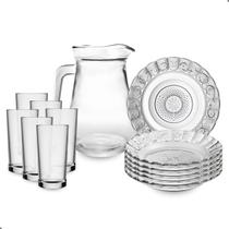 Jogo De Pratos Fundos Com Jarra E Copos 13 Peças Em Vidro Jogo De Pratos Fundos Com Jarra E Copos 13 Peças Em Vidro