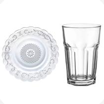 Jogo de Pratos Fundos + Copos Vidro Aparelho de Jantar 12 Peças