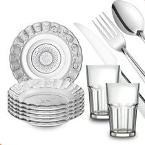 Jogo De Pratos Fundos E Copos 30 Peças Aparelho de Jantar Em Vidro Com Talheres