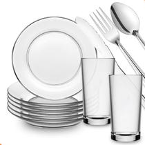 Jogo De Pratos Fundos E Copos C/30 Peças Aparelho de Jantar Em Vidro Com Talheres