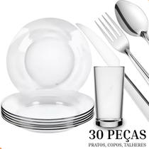 Jogo De Pratos Fundos E Copos C/30 Peças Aparelho de Jantar Em Vidro Com Talheres Jogo De Pratos Fundos E Copos C/30 Peças Aparelho de Jantar Em Vidro Com Talheres