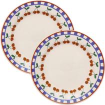Jogo de Pratos Rasos Jardim Cerejas 8 Peças Cerâmica Estampado Xadrez Branco e Azul Biona