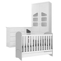 Jogo de Quarto Algodão Doce MDF Roupeiro 2 Portas + Cômoda + Berço 2x1 Branco - Bela Móveis