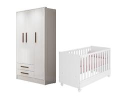 Jogo De Quarto Bebê Kit Com Berço E Guarda-roupa Encanto Branco Branco - Qmovi