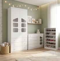 Jogo de Quarto Branco Infantil de Bebê Sapateira + Cômoda Eloisa+ Roupeiro 2 Portas - Phoenix Baby
