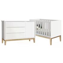 Jogo de Quarto Classic Cômoda com Porta e Berço Branco Fosco com Pés Madeira Natural - Reller Móveis