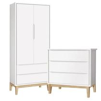 Jogo de Quarto Classic Guarda Roupa 2 Portas e Cômoda 3 Gavetas Branco Fosco com Pés Madeira Natural - Reller Móveis
