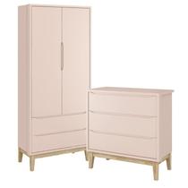Jogo de Quarto Classic Guarda Roupa 2 Portas e Cômoda 3 Gavetas Rosa Fosco com Pés Madeira Natural - Reller Móveis