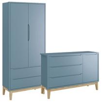 Jogo de Quarto Classic Guarda Roupa 2 Portas e Cômoda Azul Fosco com Pés Madeira Natural - Reller Móveis