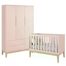 Jogo de Quarto Classic Guarda Roupa 3 Portas e Berço Rosa Fosco com Pés Madeira Natural - Reller Móveis