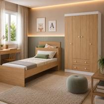 Jogo de Quarto com Cama Solteiro e Guarda-roupa 4 Portas 2 Gavetas Lira Multimóveis MP4838 Jogo de Quarto com Cama Solteiro e Guarda-roupa 4 Portas 2 Gavetas Lira Multimóveis MP4838