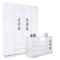 Jogo De Quarto Com Cômoda e Guarda Roupa Infantil Lívia Branca Brilho - Phoenix