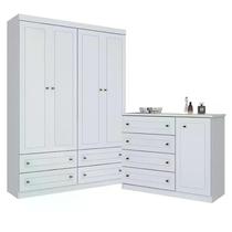 Jogo de Quarto com Roupeiro 4 Portas e Cômoda Americano - Branco - Móveis Henn Jogo de Quarto com Roupeiro 4 Portas e Cômoda Americano - Branco - Móveis Henn