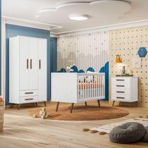 Jogo De Quarto Completo Infantil Bebê Guarda Roupa 3 Portas Cômoda 4 Gavetas Berço Mini Cama Americano C/ Colchão Pés Palito 3830 / 4335 / 3820 Q Enca