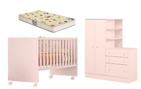 Jogo De Quarto Do Bebê Completo Berço Colchão E Roupeiro Rosa - Móveis Leartam