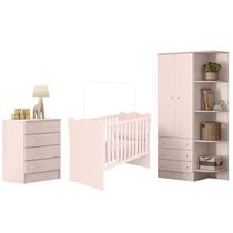 Jogo de Quarto Doce Sonho Guarda Roupa 2 Portas Cantoneira, Berço e Cômoda Rosa - Qmovi