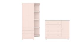Jogo de Quarto Doce Sonho Guarda Roupa 2 Portas e Cômoda 1 Porta Rosa com Pés - Qmovi