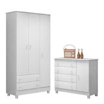 Jogo de Quarto Doce Sonho Guarda Roupa 3 Portas e Cômoda 1 Porta Branco com Pés - Qmovi