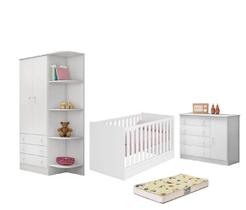 Jogo De Quarto Dormitório Infantil Guarda Roupa 2 Portas Cômoda 1 Porta Berço Mini Cama Branco e Colchão - Qmovi Jogo De Quarto Dormitório Infantil Guarda Roupa 2 Portas Cômoda 1 Porta Berço Mini Cama Branco e Colchão - Qmovi