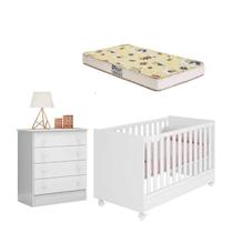 Jogo De Quarto Infantil Bebê Berço Colchão e Cômoda Branco Qmovi