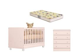 Jogo De Quarto Infantil Bebê Berço Colchão e Cômoda - Rosa Acetinado Qmovi