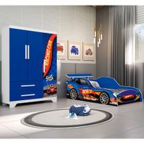 Jogo de Quarto Infantil - Cama Guarda Roupa Carro e Colchão - Azul
