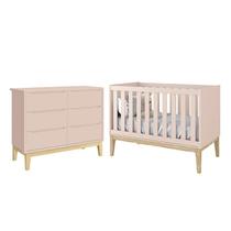 Jogo de Quarto Infantil Classic Cômoda 6 Gavetas e Berço Rosa Fosco com Pés Madeira Natural - Reller