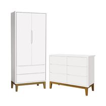 Jogo de Quarto Infantil Classic Guarda Roupa 2 Portas e Cômoda 6 Gavetas Branco Fosco com Pés Amadeirado - Reller Móveis