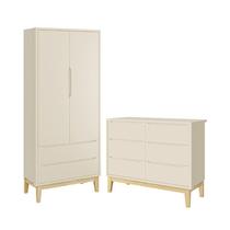 Jogo de Quarto Infantil Classic Guarda Roupa 2 Portas e Cômoda 6 Gavetas com Pés Madeira Natural - Reller Móveis